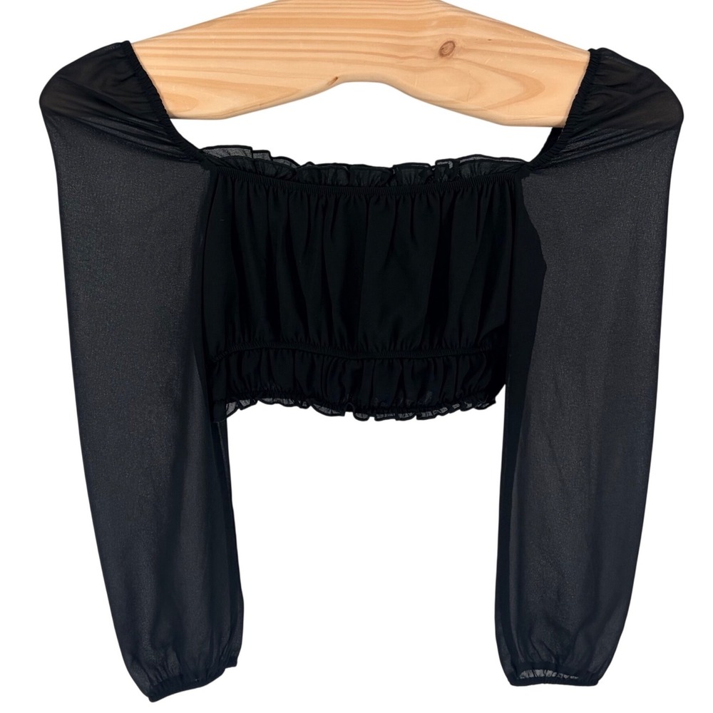 Kittenish Crop Top Medium Black Sheer Long Sleeve Smocked Square Neck WIW780VK